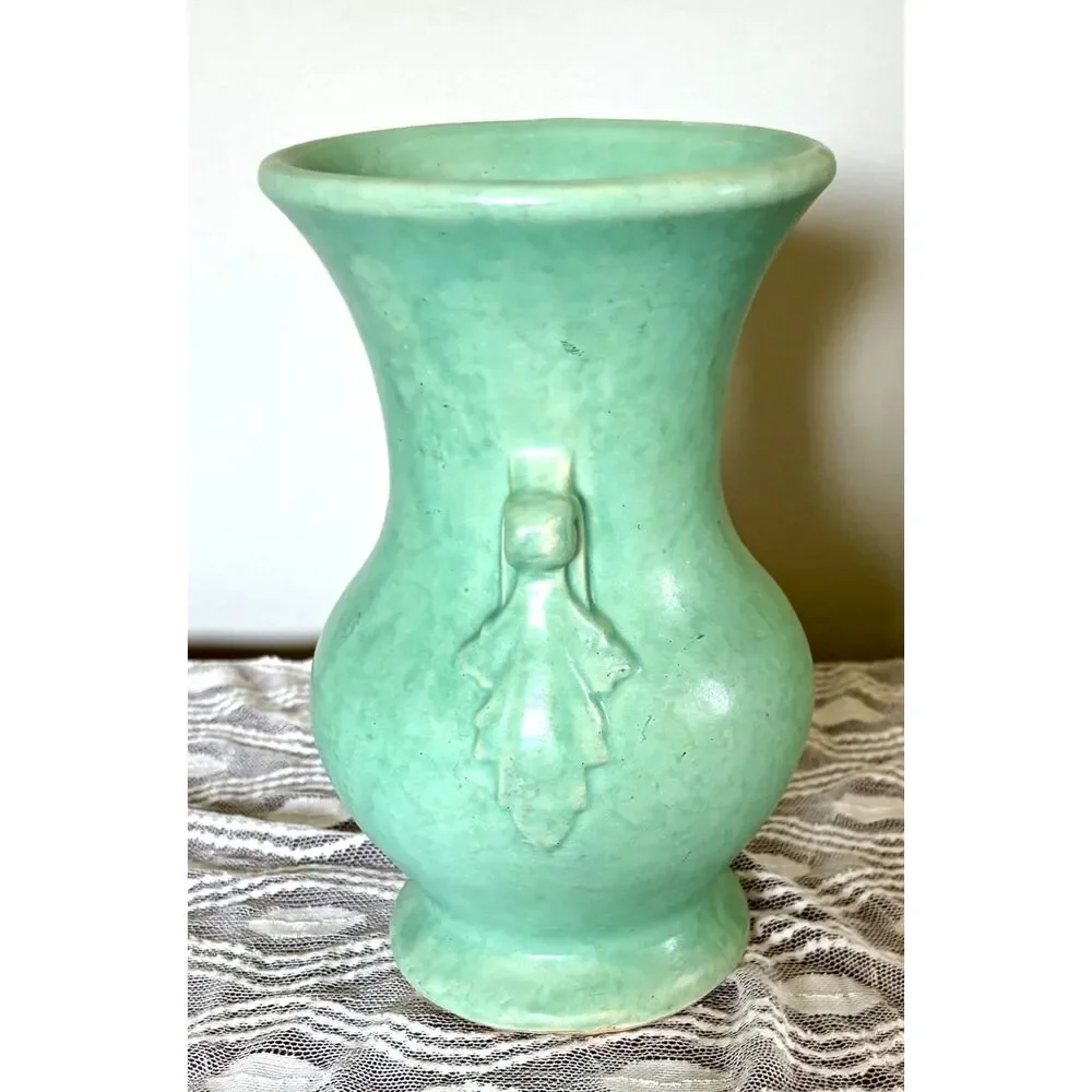 VTG McCoy Pottery Vase Matte Seafoam Green Arts & Crafts Leaf & Scroll 11.5